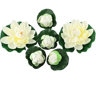 Gdfnmogo Dekorative schwimmende Lotusblumen, 6 Stück, lebensechte künstliche Seerosen für Teich, Garten, Pool, Ornamente, weiß, 18 cm und 10 cm