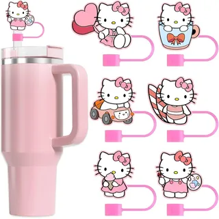 ROMANVIC Stanley Cup Zubehör Hello Kitty,enthält 4 auslaufsichere Silikonstopfen,4 Strohhalm Abdeckung, 1 Bottom Protector Silicone Boot für Stanley Cup 1,2 l- und 850 ml-Becher (Rot)