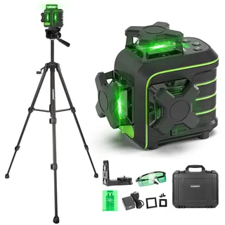 Huepar 1,5m Sturzfest 3x360° Grüner Kreuzlinienlaser Selbstnivellierend, 12 Linien mit Pulsmodus, Magnetischer Drehhalterung, 50m Reichweite, Type-C Wiederaufladbar, Inkl. 1,2m Stativ,U03CGT
