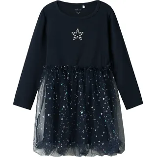 Tüllkleid NAME IT "NMFRARANA LS DRESS PB", Mädchen, Gr. 92, N-Gr, blau (schwarz sapphire), Tüll, Jersey, Obermaterial: 95% Baumwolle, 5% Elasthan, bedruckt, casual, regular fit knielang, Rundhals, Langarm, Kleider