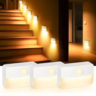 3PCS LED Treppenbeleuchtung mit Bewegungsmelder - Innen Nachtlicht, Treppenlicht mit Motion Sensor Akku, Kleine Lampe Treppenstufenbeleuchtung mit Batterie, Night Light für Kinder, Trepp, Flur