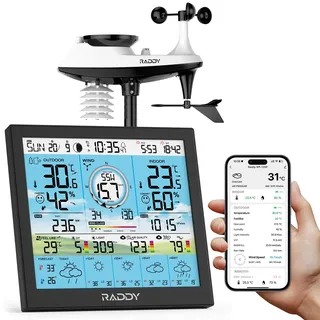 Raddy WF-120P WLAN Wetterstation mit App-Steuerung, 10” HTN Farbdisplay, Innen-/Außentemperatur & Luftfeuchtigkeit, UV & Lichtindex, PM2.5, 5-Tage Wettervorhersage, 7-in-1 Außensensor für Garten