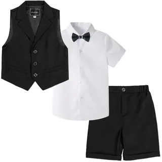 LOLANTA 4-teiliger Kinder Freizeit Anzug Set, Jungen Sommer Festlich Hochzeitsanzug, Kurzarm Hemd, Fliege, Weste, Kurze Hose, Schwarz, 10-11 Jahre, 160 - 10-11 Jahre