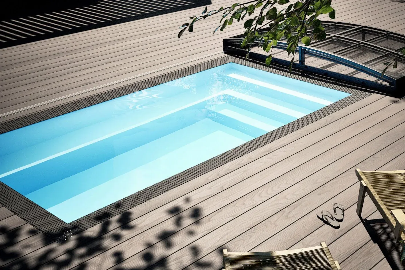 Mini Pool Infinity® Bay 2,25 x 3,75m - rechteckiger Überlauf Loungepool mit optionaler Poolüberdachung / elektrischem Rollo