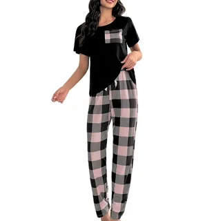 SamHeng Damen Schlafanzug Set Rund Hals Kurzarm Tops und Long Hosen Weiche Nachtwäsche Loungewear Summer Pyjamas Set lässige Nachtwäsche für Damen(Rosa/L) - L