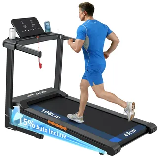 Laufband für Zuhause Klappbar, 15% Automatische Steigung, 3PS Motor, Leise & Kompakt, Laufband mit Steigung bis 1-14km/h, 12 Programme, LED Anzeige, Elektrisches Fitness Laufband, Ebenholz