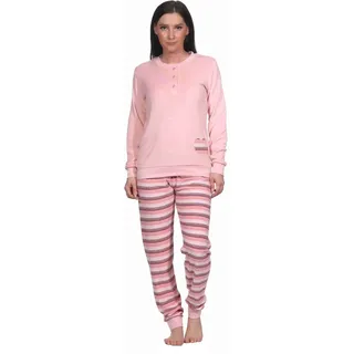 Creative by Normann Damen Frottee Pyjama mit Knopfleiste, Langarm, Uni OT mit Herz-Applikation, Hose in Ringel-Optik, Rosa, 69622, Gr. XL 48/50 - XL