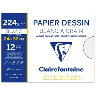 Clairefontaine 10x Gekörntes Zeichenpapier, Packung mit 12 Blatt, 224g, 24x32 cm, weiß - 96176C