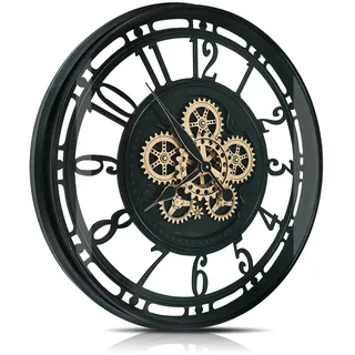 DORBOKER Wanduhr Groß mit Beweglichen Zahnrädern Moderne Industrial Steampunk XXL Vintage Retro Antike Metall Uhr für Küche Wohnzimmer Zuhause Bar Schule(53.5cm, Schwarzes Gold Arabische Ziffern)