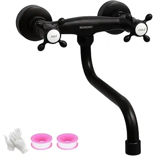 NIUKOMY Schwarz Wasserhahn Küche Wandmontage, Küchenarmatur Mischbatterien Wand Messing Schwarz, 360°Drehbar Doppelgriff Spültischarmatur Wandarmatur mit Lange Auslauf für Badezimmer