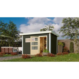 Gartensauna Pultdach Saunahaus Skrollan 1 mit Vorraum terragrau Moderne Tür