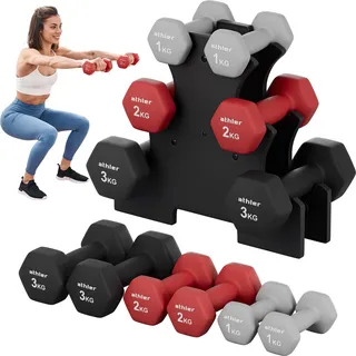 Kurzhantelset - Hanteln mit Ständer Fitness Lion 10 Athler Neopren-Hanteln 12kg bunt|ROT|SCHWARZ 12kg