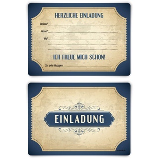 Einladungskarten Geburtstag Konfirmation Taufe Kommunion jeder Anlass 12 Stück Karten Set - Vintage Blau Vorausgefüllt