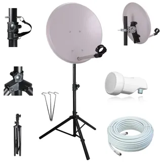 netshop 25 Digital Camping SAT Anlage 40 cm Spiegel mit + Opticum HD Single LNB + 10m Kabel + Camping Dreibein-Stativ (SD HD Full HD 4K UHD)