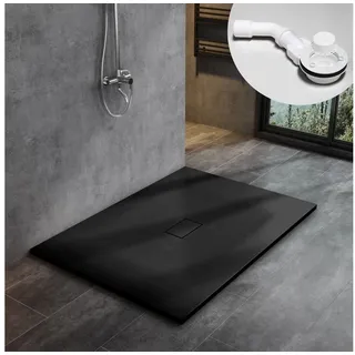 WITEN&NOCK SMC Duschtasse Superflach Rutschfest Duschwanne Steinoptik mit Ablaufgarnitur schwarz 140x100 cm - WITEN&NOCK