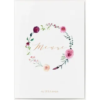 Menükarten zur Hochzeit selbst gestalten - Zarter Blumenkranz - Weiß | Wunderkarten.de