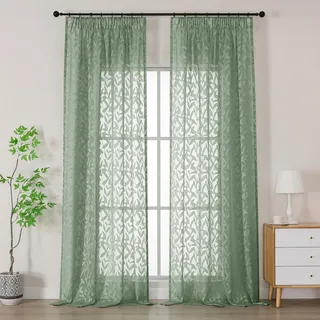 Simplebrand Leah Salbei Grün Lichtdurchlässig Clip Jacquard Voile Ausbrenner Gardine mit Blätter Muster transparenter Vorhang mit Kräuselband Wohnzimmer Gardinenschals B140xH229cm Salbei Grün 2 St