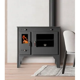 EEK A+ Kaminofen mit Backfach und Herdplatte Eco Retro Holzofen 7  kW Kamin Ofen Dauerbrandofen Werkstattofen Schwedenofen Hüttenofen Heizofen - Schwarz