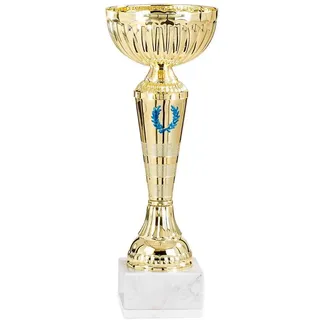 S.B.J - Sportland Goldener Pokal mit blauen Siegerkranz ca. 17 cm