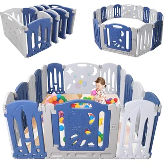 XINZI Laufgitter Baby Laufstall Faltbar Kinderzaun 16 Paneele Kunststoff Spielzaun Babyzaun mit Tür und Spielzeugboard Groß Krabbelgitter Sicherheitszaun Absperrgitter für Kinder, Weiß + Blau