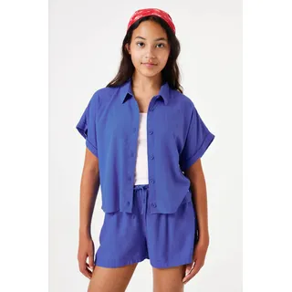 Hemdbluse GARCIA, Mädchen, Gr. 176, blau (hyper blau), Web, Obermaterial: 70% Viskose, 30% Leinen, unifarben, regular fit taillenbedeckt, Umschlagsaum, Blusen, for GIRLS