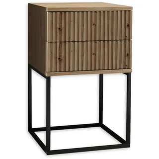 SchlafKONTOR MARLE Nachttisch in Artisan Eiche Optik - Moderner Nachtschrank mit Schubladen und schwarzem Metallgestell - 40 x 65 x 38,5 cm (B/H/T)