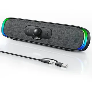SOULION R200 PC Lautsprecher Bluetooth USB-C Soundbar mit LED-Lichteffekten, Kompakte Stereo-2.0 Computer Boxen für PC, Monitor, Laptop, Gaming, USB-betrieben