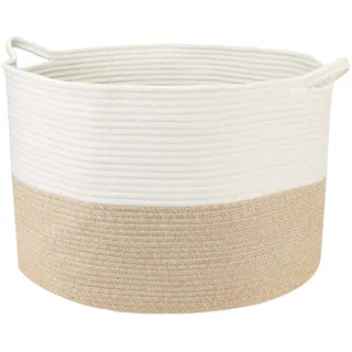 HMF XXL Wäschekorb aus Baumwolle, runder Aufbewahrungskorb mit Griffen, 55 x 35 cm, Weiß-Braun