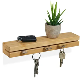 Relaxdays Schlüsselbrett, mit Ablage, Bambus, B: 29,5 cm, Schlüsselaufbewahrung Wand, natur
