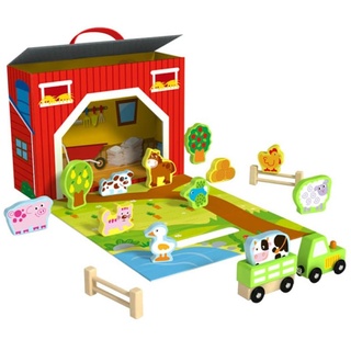 Tooky Toy Holz-Bauernhof Set TY201 tragbar 17-teilig Holzfiguren Scheune Zaun rot