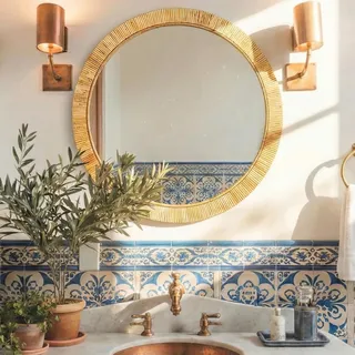 iyabat Rattan-Spiegel für Wand, Badezimmer, Boho-Spiegel, Make-up-Spiegel, Wandspiegel, dekorativer Spiegel, Badezimmer-Schminkspiegel, runder Spiegel, geeignet für Bauernhaus, Schlafzimmer,