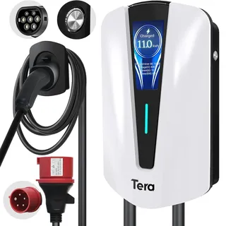Tera EV Ladegerät typ 2 11kw Heim-Ladestation Wallbox Ladekabel Elektroauto mit Kabelhalterung Ladekabel 3-Phasig CEE Stecker 16A 400V Kabel für Elektrofahrzeuge und PHEVs, Q8 Weiß