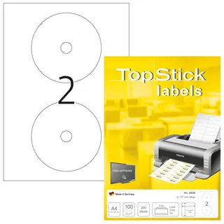 Topstick 8656 CD DVD Etiketten, 100 Blatt, Ø 117 mm Maxi, 2 pro A4 Bogen, 200 Stück, selbstklebend, bedruckbar, matt, blanko Papier weiß
