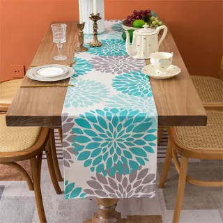 Tischläufer Modern Wohnzimmer Türkis Grau Dahlie Blumen Pflanzen Tischläufer Frühling Leinen Tischdecke Sommer 33x183cm Boho Vintage Dekoration für Küche Esstisch Drinnen und Draußen