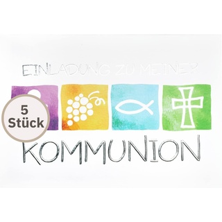 Perleberg Einladungskarte Kommunion in Premium-Qualität 5 Stück - Einladung zur Kommunion inkl Umschlag - Mädchen & Jungen mit Silber Veredelungen & Symbolen 10,5 x 14,5 cm