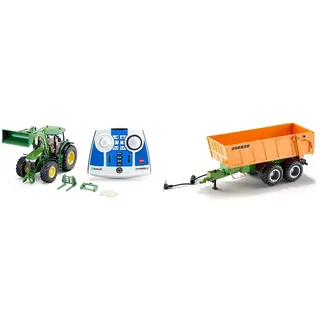 Siku 6795, John Deere 7310R Traktor mit Frontlader, Grün, Metall/Kunststoff, 1:32, Ferngesteuert, Inkl. Bluetooth & 6780, Tandem-Achs-Anhänger, 1:32, Control Fahrzeuge, Orange