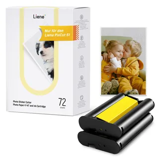 Liene Fotopapier & Kartusche, 2 Tintenpatronen-Nachfüllungen & 72 Fotopapierblätter, 10x15 cm, Farbsublimation, Wasser- & Oxidationsschutz, kompatibel mit Liene PixCut S1 Drucker & Schneider