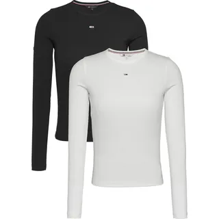 Tommy Jeans Langarmshirt TOMMY JEANS "TJW 2PACK SLIM ESSENTIAL RIB LS" Gr. XXL (44), weiß (weiß, schwarz), Damen, Single Jersey, Obermaterial: 95% Baumwolle, 5% Elasthan, unifarben, Shirts, in Rippoptik, mit Logostickerei