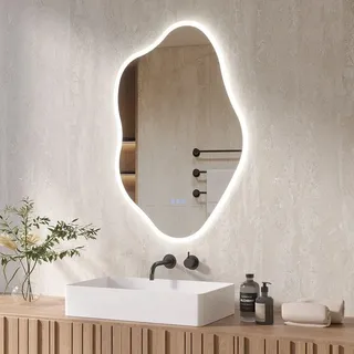 Asymmetrischer Badspiegel mit Beleuchtung Unregelmäßiger Spiegel LED Touchschalter Dekospiegel Wolkenform 3 Lichtfarben Antibeschlag 90 x 60 cm - Silber