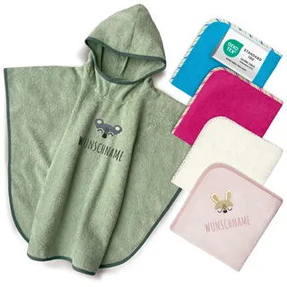 Badeponcho Kinder mit Namen Bestickt, Oeko-TEX® Standard 100 - Personalisiertes Kapuzenhandtuch aus Reiner Baumwolle mit gesticktem Namen und Motiv (Dunkelgrün)