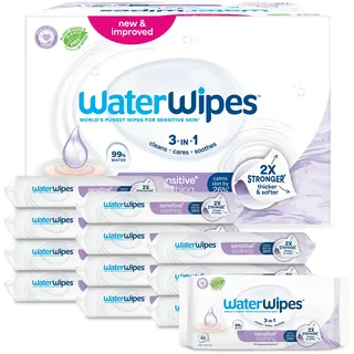 WaterWipes Sensitive+ Soothing Clean Wipes, Beruhigende Tücher, 720 Stück (12 Packungen), 3-in-1-Reinigung, Pflege, Beruhigung, 99% Wasser mit Pflanzenextrakt, parfümfreie Babyfeuchttücher