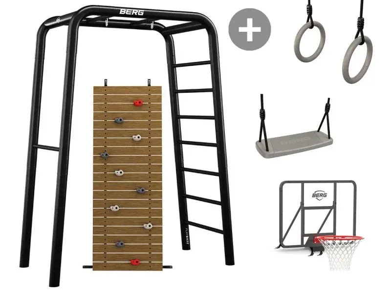 BERG PlayBase Small TL Black »Ultimate-Set« inkl. Turnringe, Schaukelsitz, Kletterwand und Basketballkorb