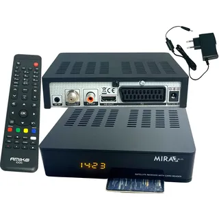 Amiko MIRA3 HD Sat Receiver mit Aufnahmefunktion, Kartenslot, Timeshift, HDMI, PVR, USB, WiFi, AAC-LC, SCART, Coaxial - Sat Receiver HD für Satelliten, Sat Receiver mit 12V Netzteil + HDMI Kabel M@tec