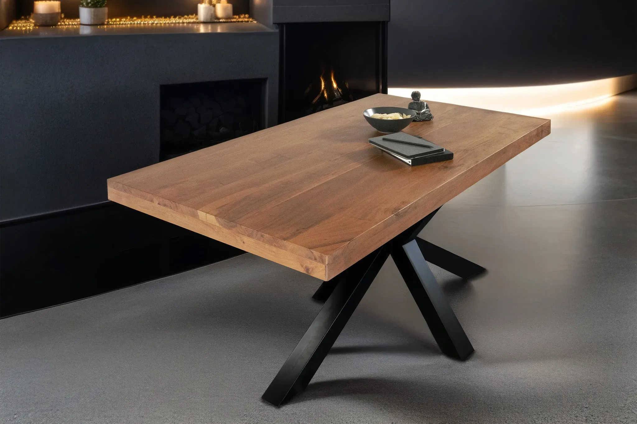 Esstisch 180x90cm Akazienholz nussbaumfarben gerade Kante Spider-Gestell schwarz RIO