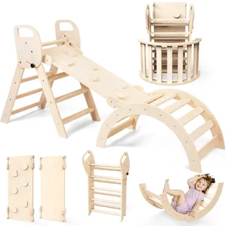 6-in-1 Montessori Klettergerüst Indoor Set, Verformbares Kletterdreieck mit Rutsche & Kletterbogen, Hölzernes Pikler Dreieck zum Baby Klettern, Klettergerüst Montessori Spielzeug ab 1-6 Jahre