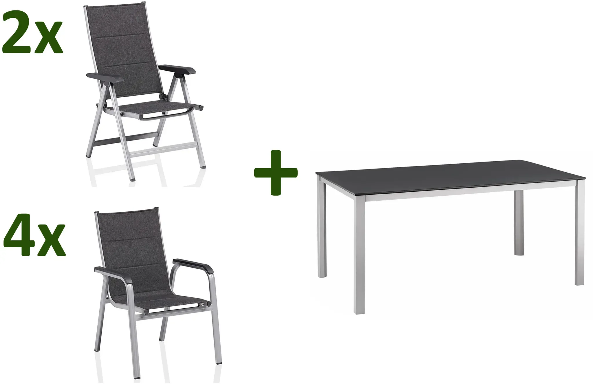 KETTLER KETTALUX-PLUS/Basic Plus Padded Sitzgruppe, silber/anthrazit/grau, Alu/Textilene, Tisch 160x95 cm, 2 Klappstühle, 4 Stapelsessel