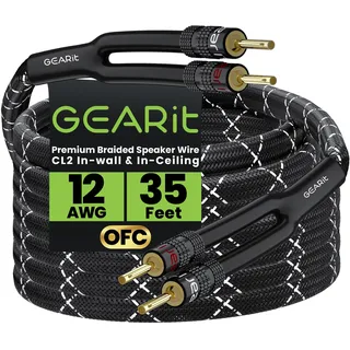 GEARit Lautsprecherkabel mit Bananensteckern, 12 Gauge, 10,7 m, OFC-Lautsprecherkabel CL2 mit vergoldeten Spitzen, geflochtenes Lautsprecherkabel für Audiophile, Hi-Fi-Systeme, Heimkino, Verstärker