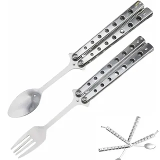 Butterfly Löffel Camping Löffel, Schmetterling Gabel und Löffel Set, 2 Stück Faltbare Utensilien Camping Edelstahl Utensilien für Küche BBQ Camping Reisen Outdoor