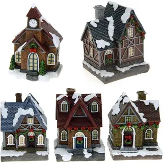 ToCi Beleuchtetes Weihnachtsdorf mit 5 Weihnachtshäuser Bunte LED Beleuchtung Weihnachts-Dekoration Fenster-Dekoration Batteriebetrieben - Schwarz