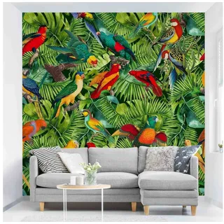 Bilderdepot24 Mustertapete Muster Bunte Collage - Papageien Dschungel Vogel Tropisch Wanddeko, Glatt, Matt, (Vliestapete inkl. Kleister oder selbstklebend), Wohnzimmer Schlafzimmer Küche Flur gemusterte Vliestapete Wandtapete bunt 0.96 m x 0.96 m